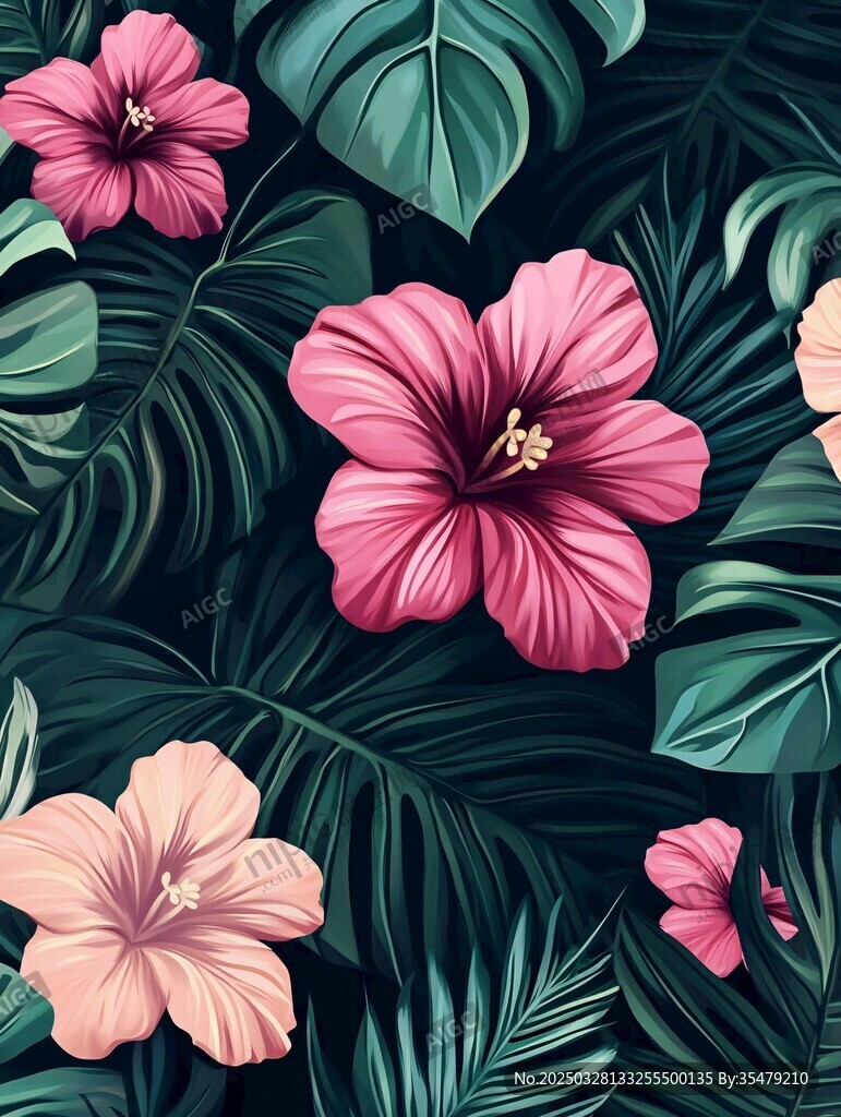 熱帶花卉與綠葉圖案背景