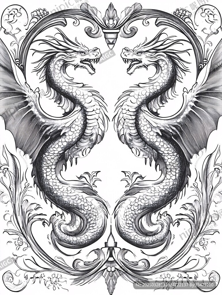 雙生龍對稱裝飾圖案