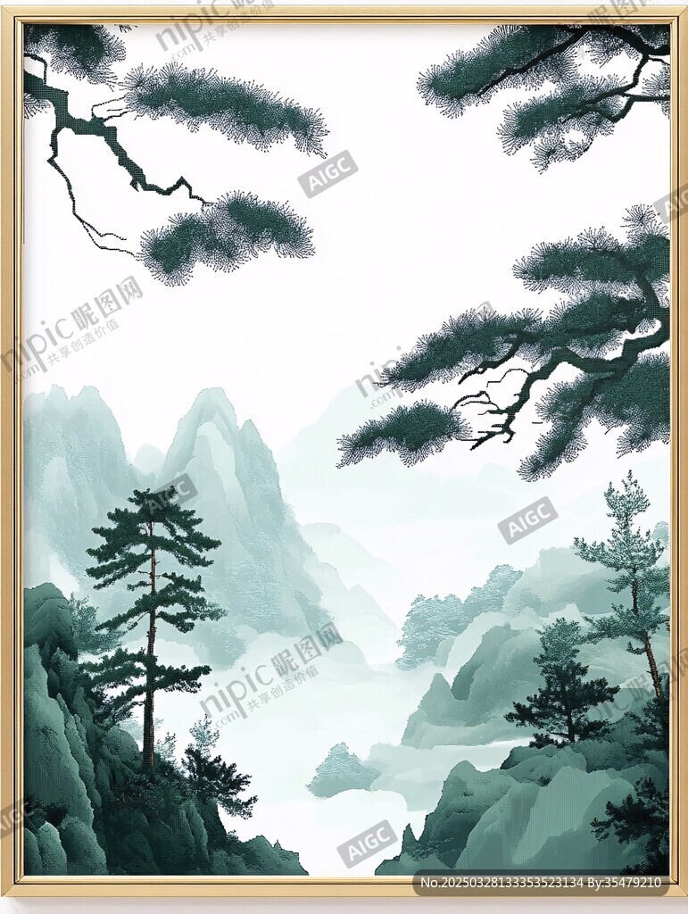 水墨山水間的松林景致