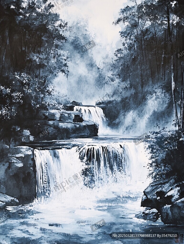 水墨風(fēng)格森林瀑布景觀圖