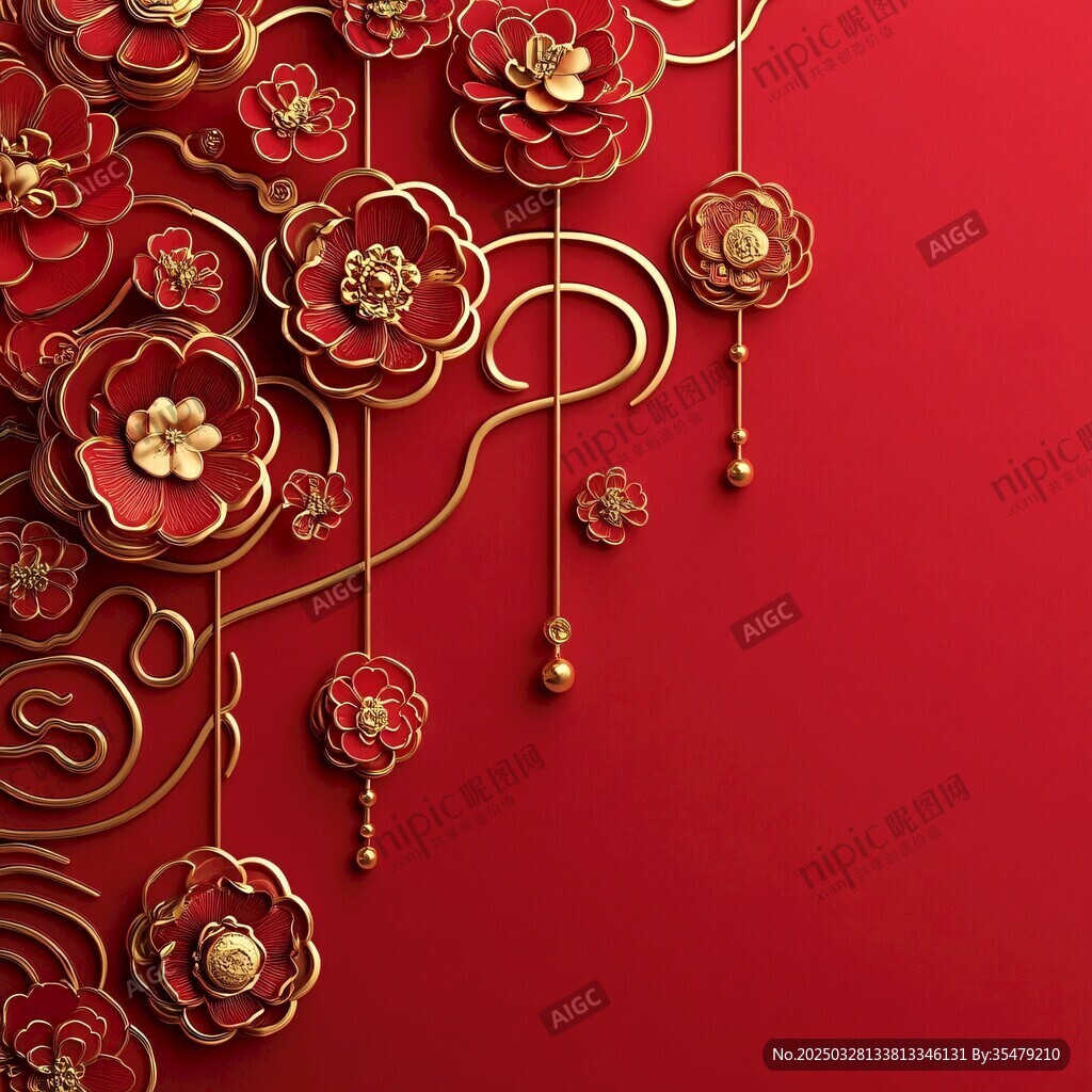 中式紅金花卉裝飾背景圖