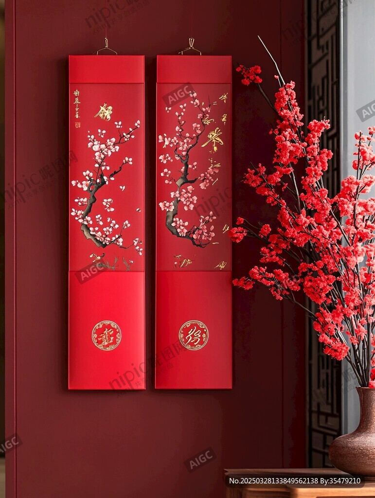 中式紅墻掛飾與紅梅擺件