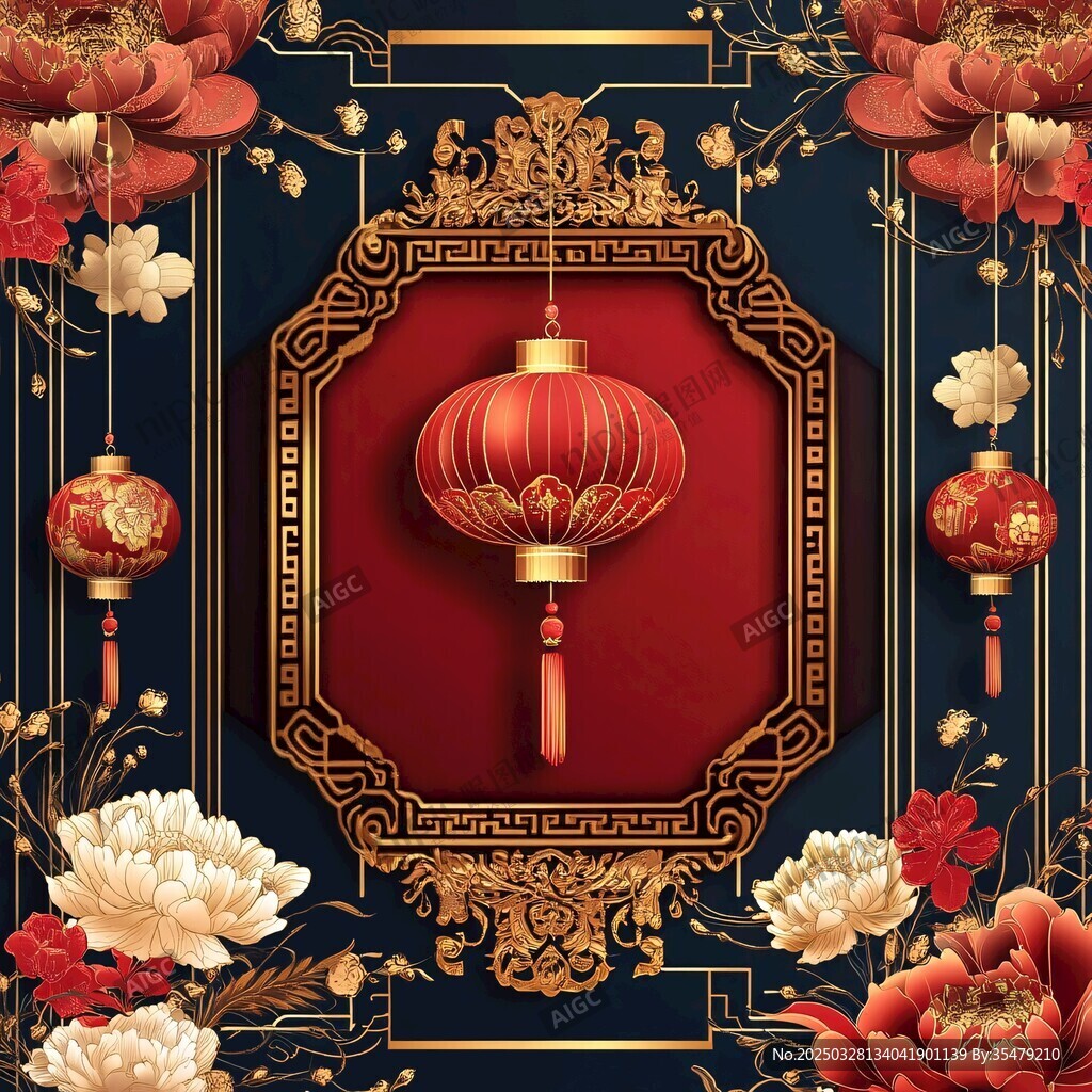 中式燈籠牡丹裝飾背景圖