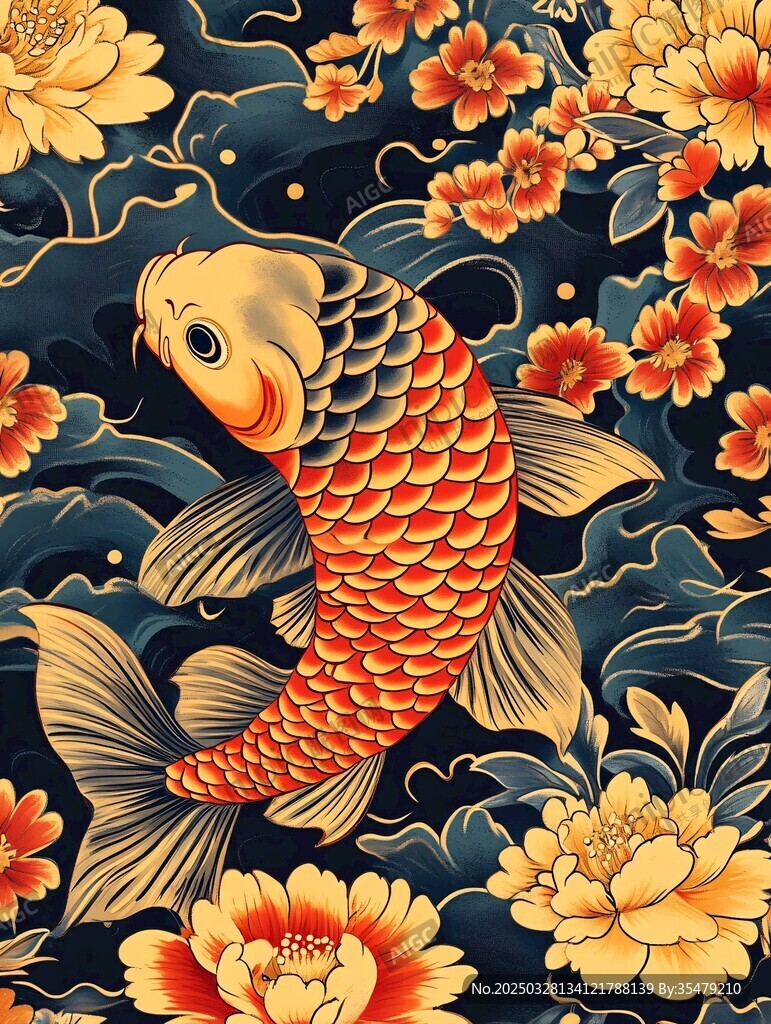 錦鯉戲花圖