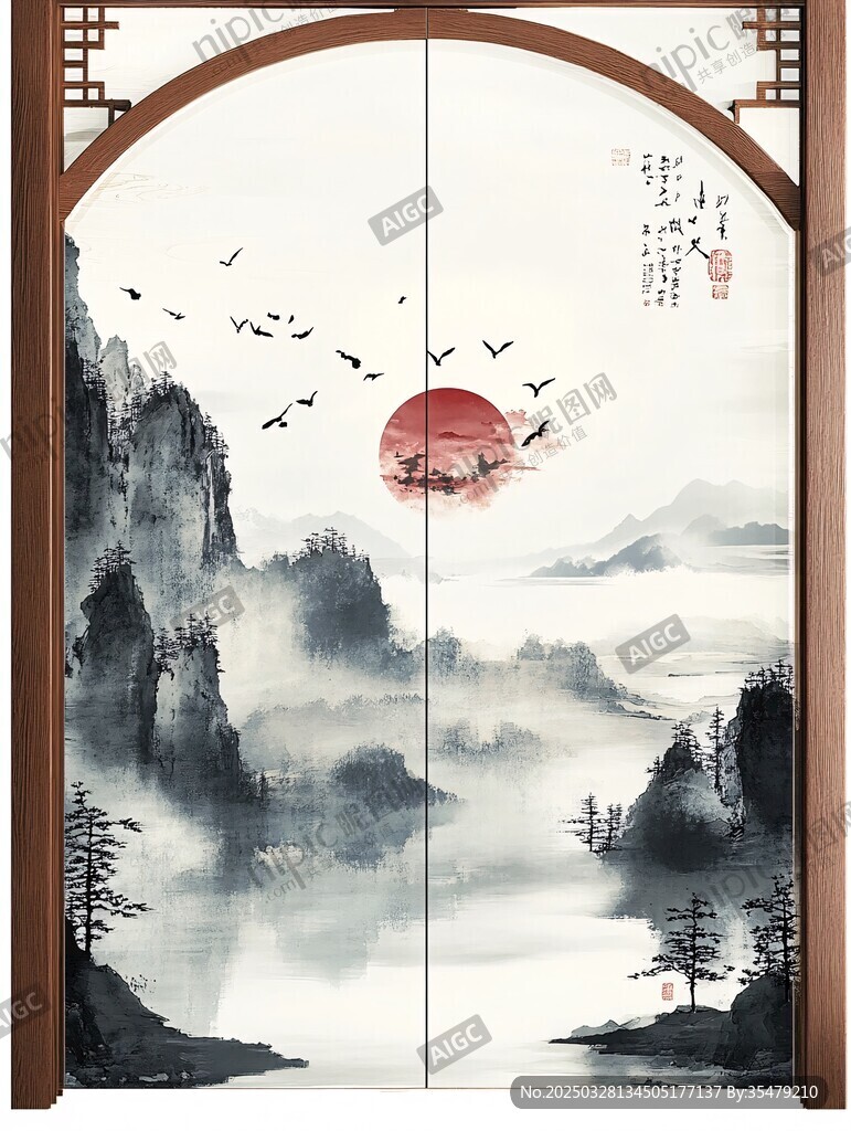 中式山水雙開屏風畫