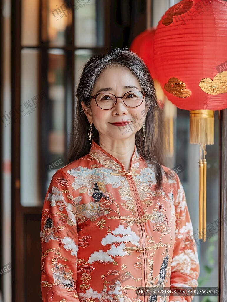 優(yōu)雅女士身著中式華服賞燈