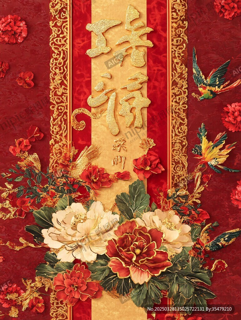 瑞福迎春中式花卉裝飾圖