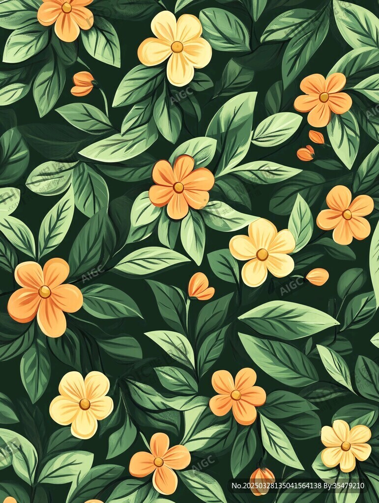 綠葉黃花的清新花卉圖案