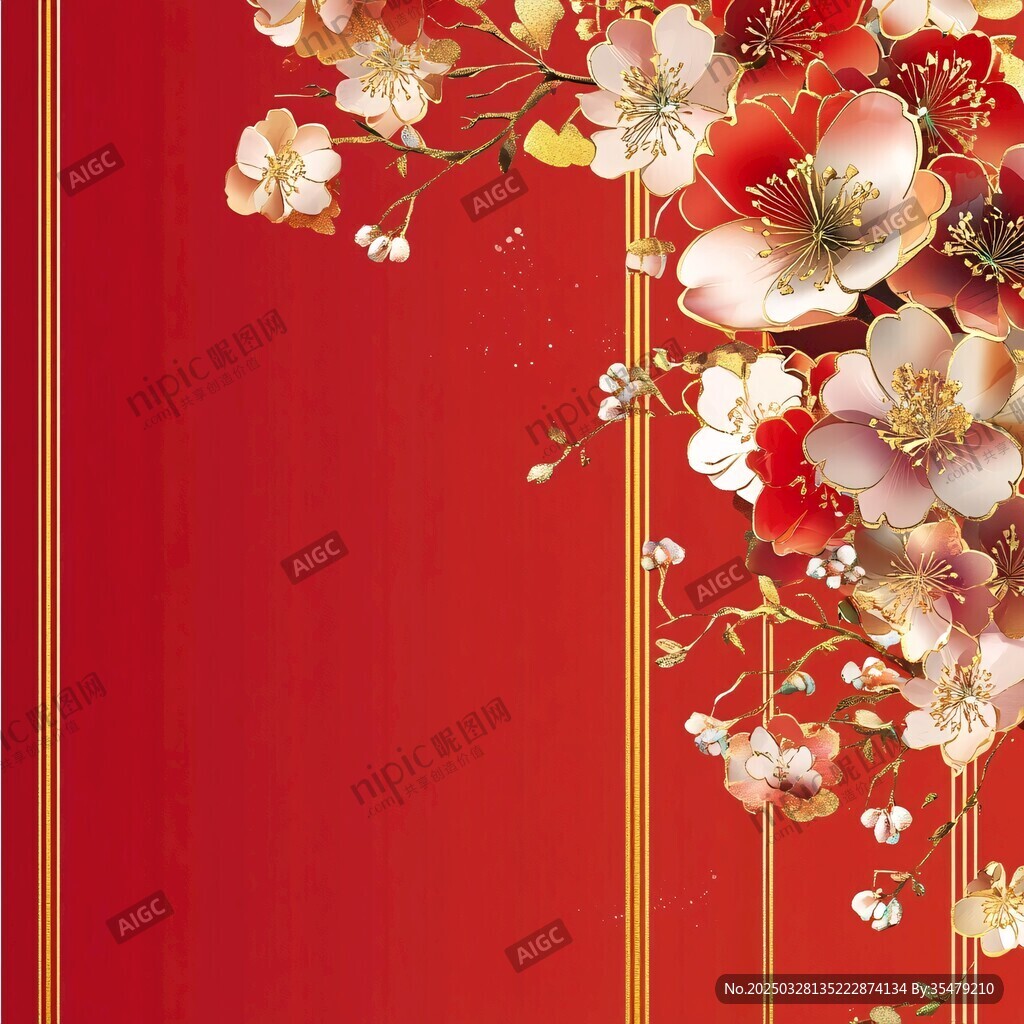 中式紅底繁花喜慶背景圖