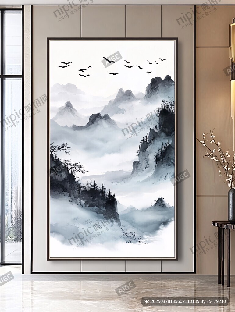 水墨山水飛鳥裝飾畫