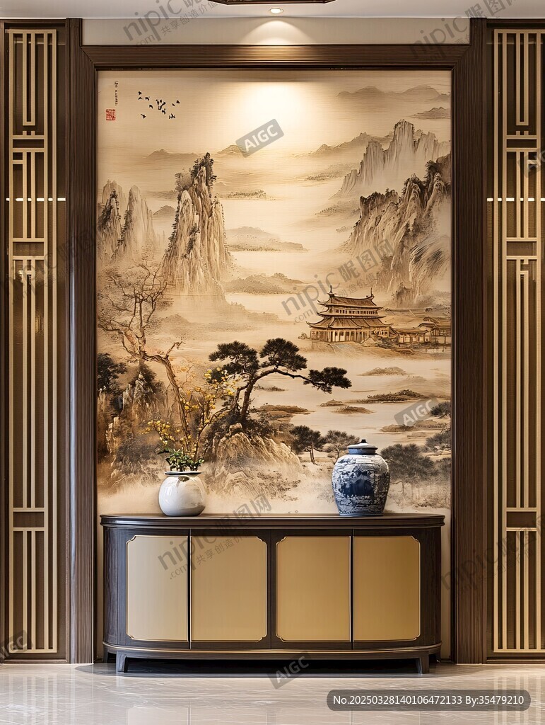 中式山水玄關裝飾美景