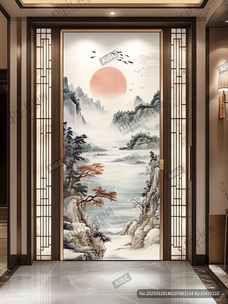 中式玄關(guān)山水詩意壁畫