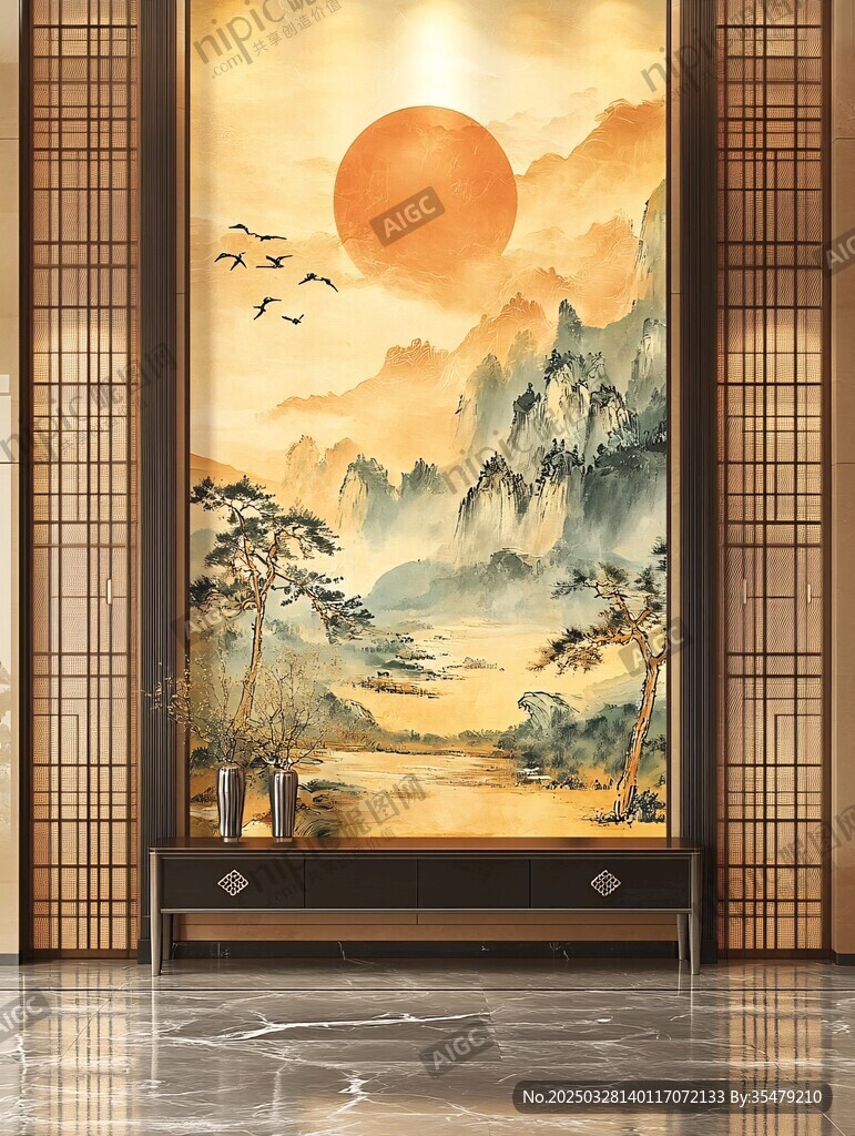 中式山水玄關壁畫美景