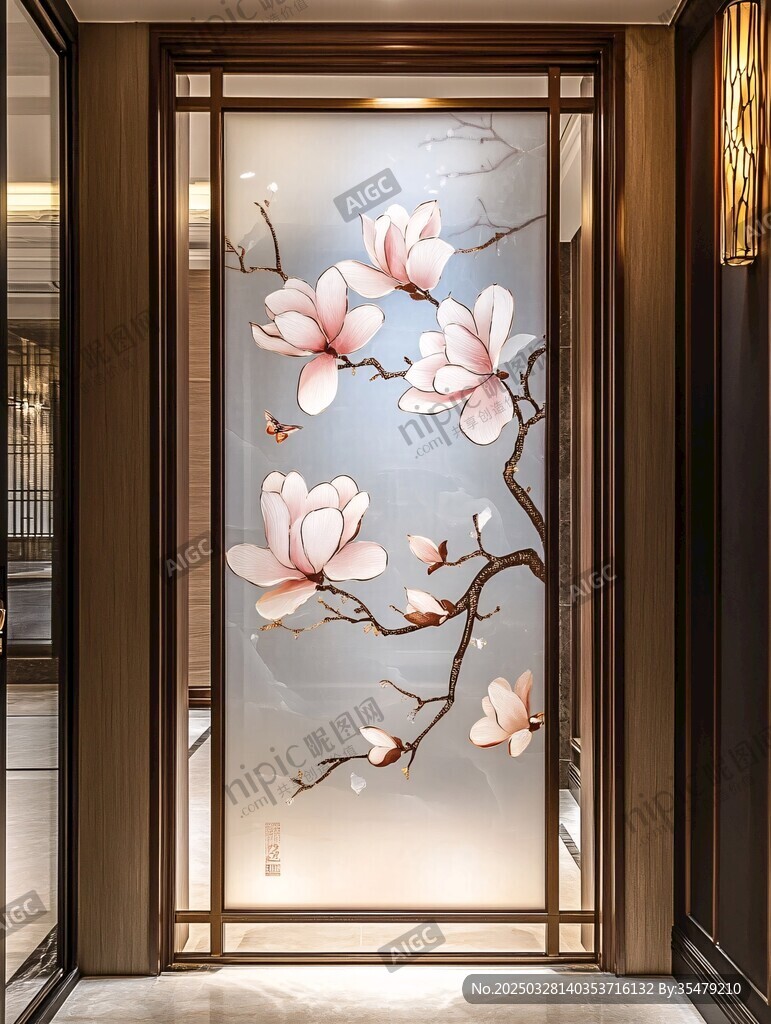 中式玉蘭花玻璃隔斷裝飾