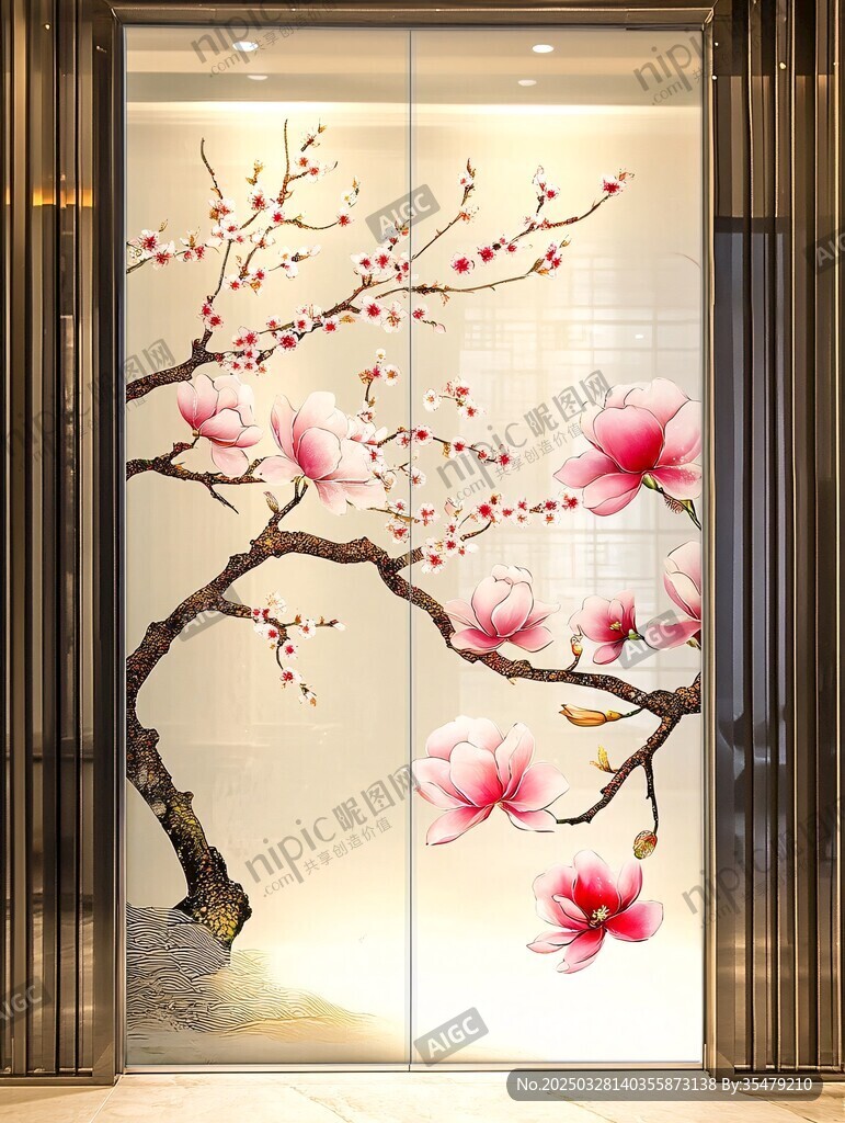中式玉蘭花枝玻璃門裝飾