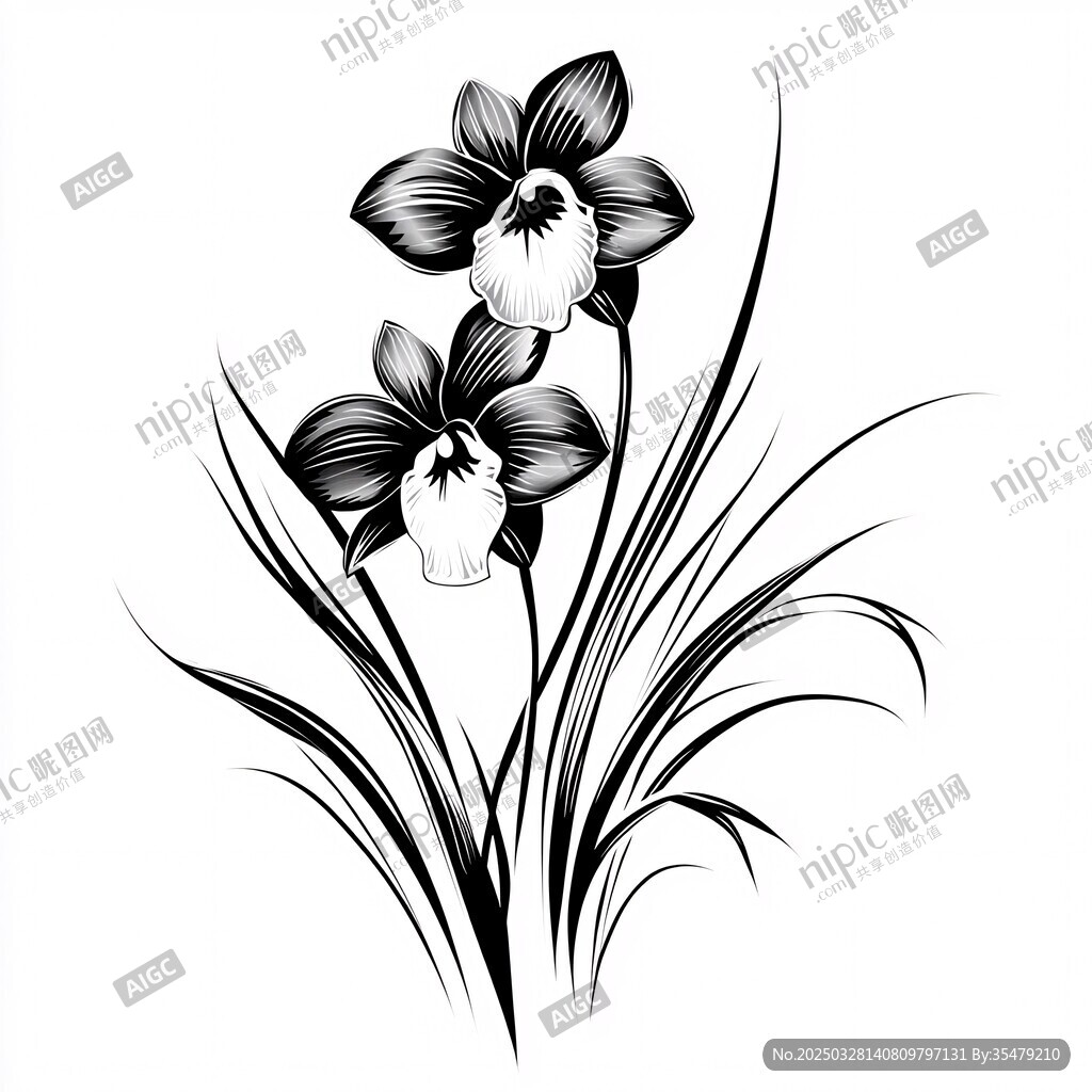 黑白蘭花線(xiàn)條插畫(huà)