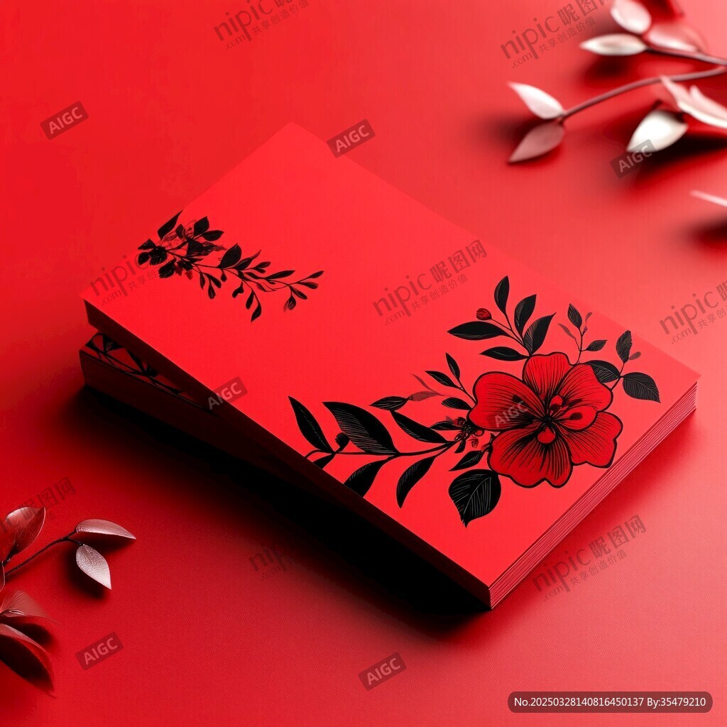 紅底花卉裝飾喜慶卡片