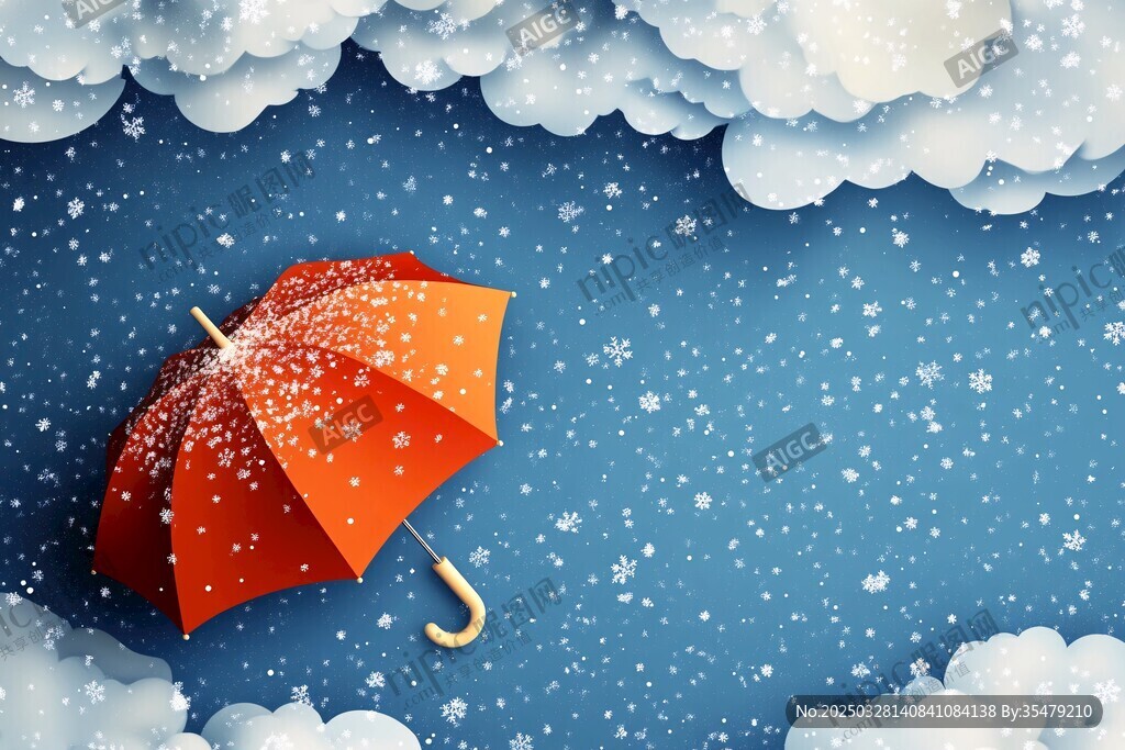 雪中紅傘在云端的夢幻場景