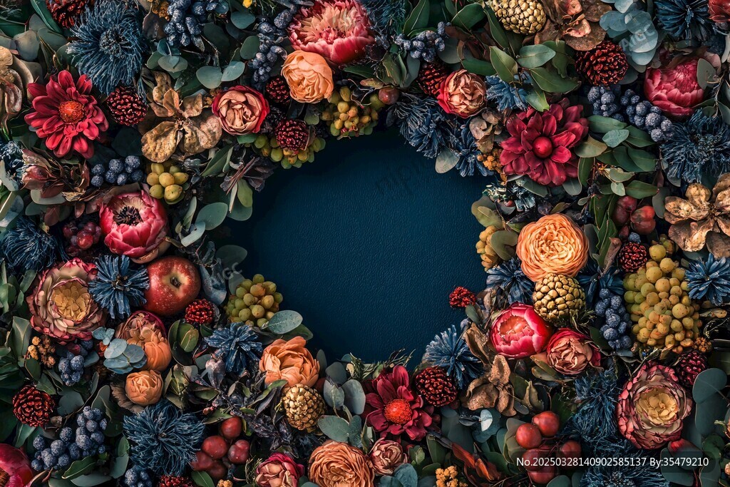 多彩鮮果花卉組成的花環