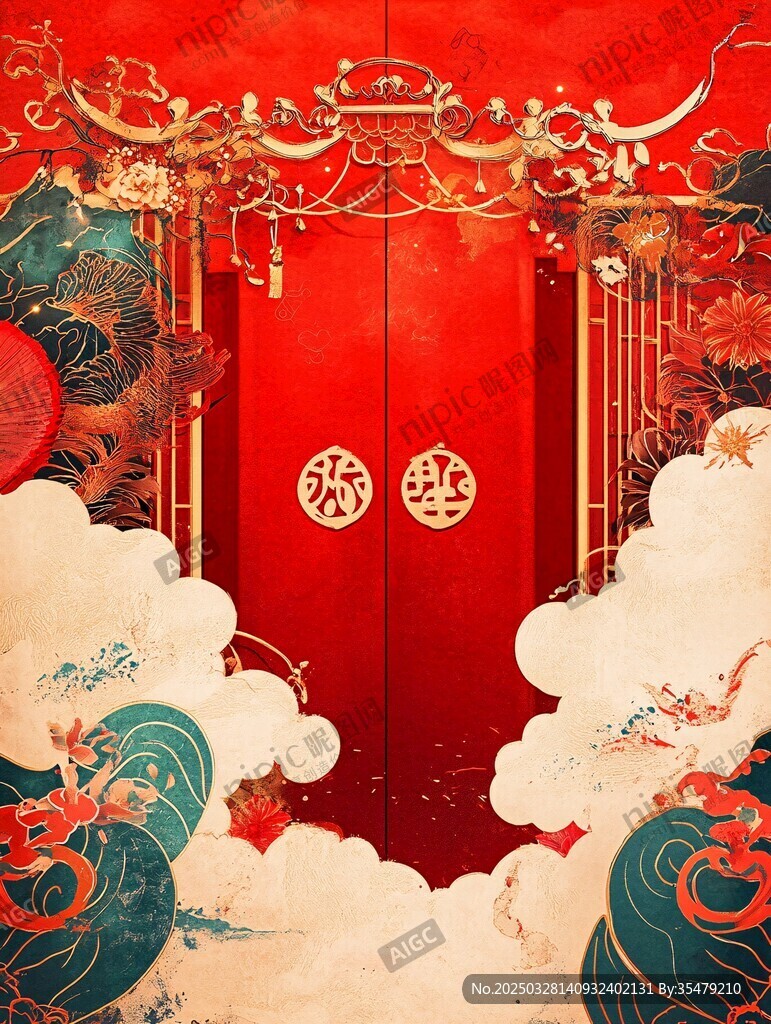 中式紅門祥瑞國風圖景
