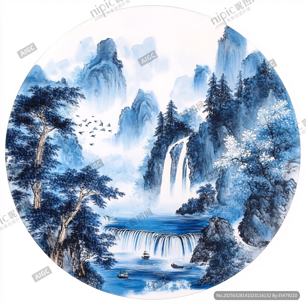 圓形山水國畫瓷盤藝術(shù)圖