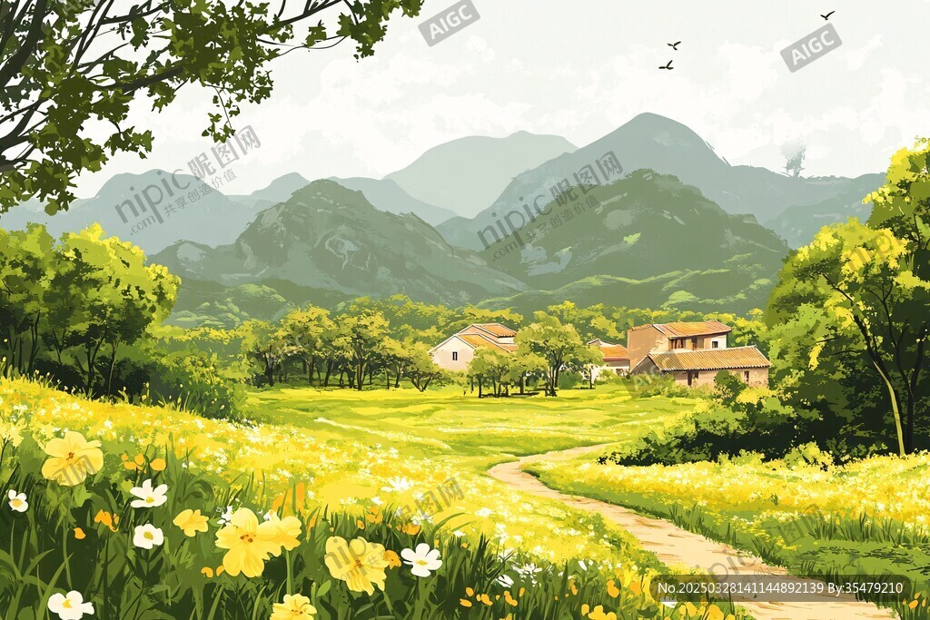 田園風(fēng)光 繁花小徑與遠山人家