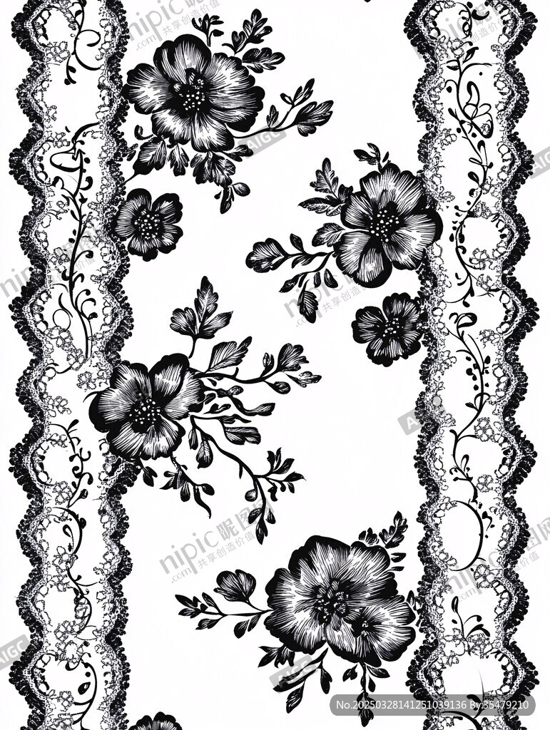 黑白花卉蕾絲花邊圖案