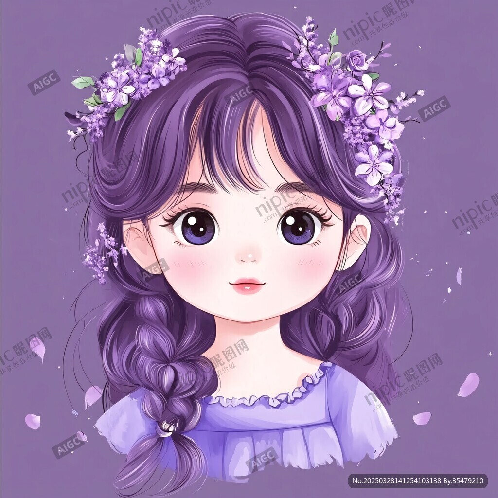 紫發(fā)花飾的可愛卡通女孩