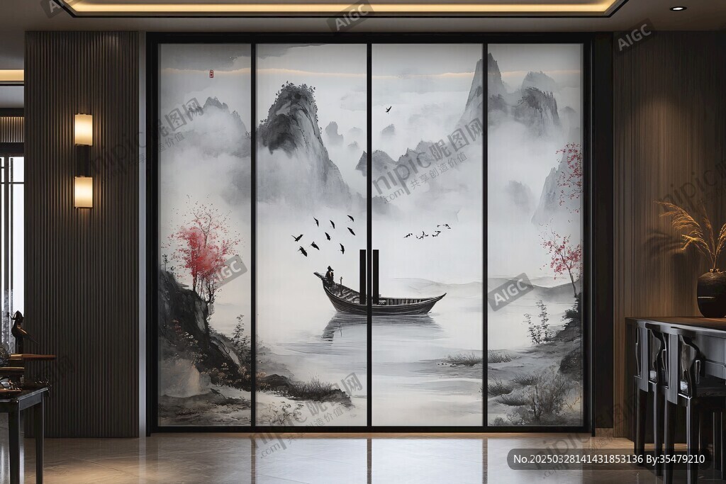 中式山水意境屏風(fēng)裝飾畫
