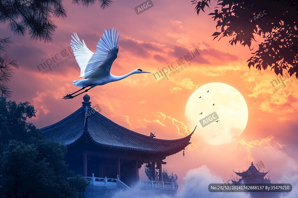 夕陽下白鶴飛過古典樓閣