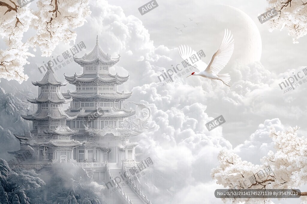 仙云古閣間白鶴悠然飛