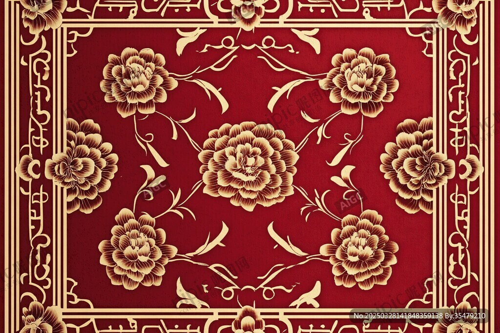 中式紅底金牡丹花紋圖案