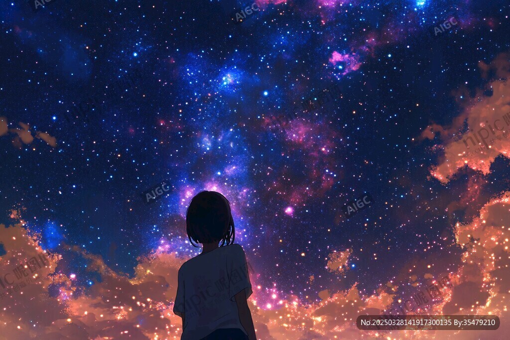 少女仰望璀璨夢幻星空