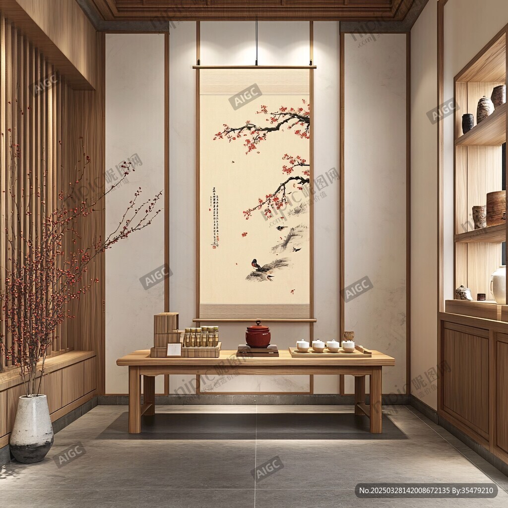 中式茶室 雅致掛畫(huà)與茶臺(tái)