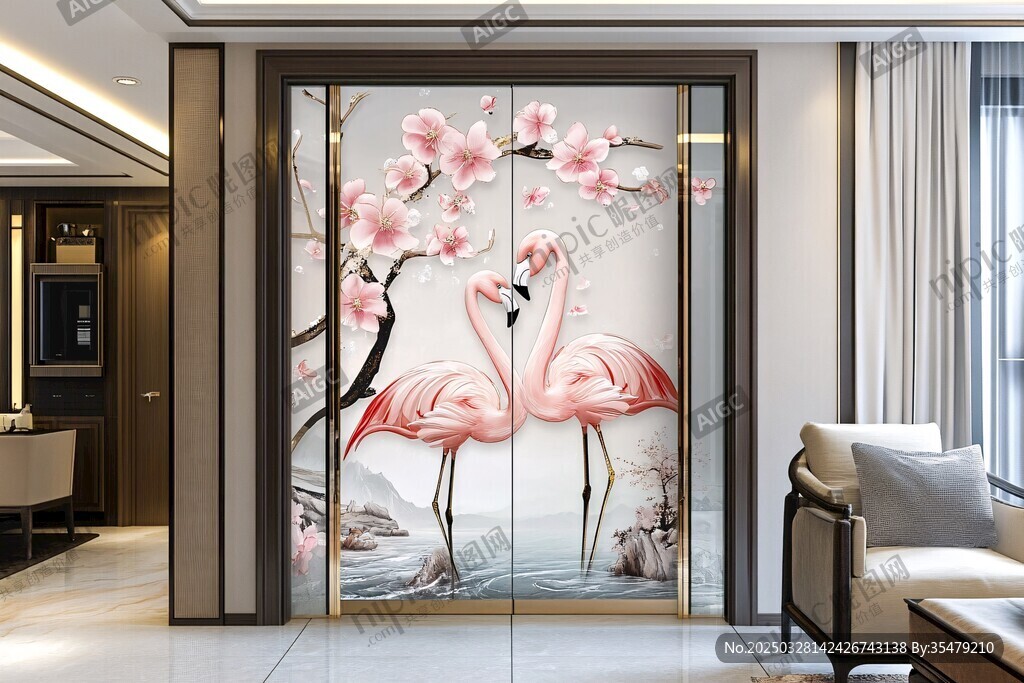 粉色火烈鳥與梅花玄關壁畫