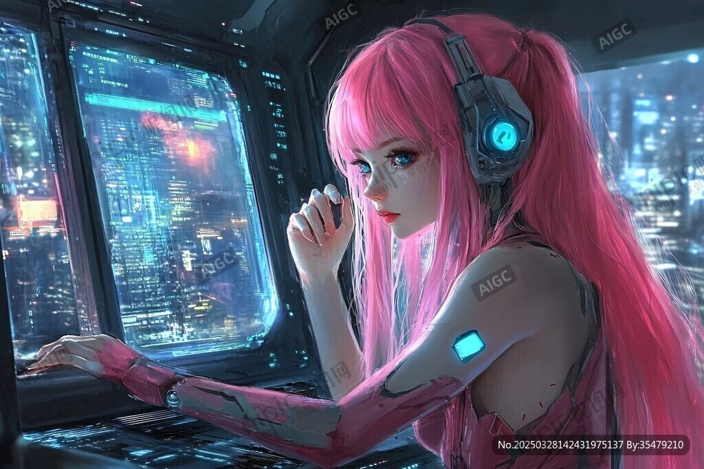 賽博粉發(fā)少女專注操作