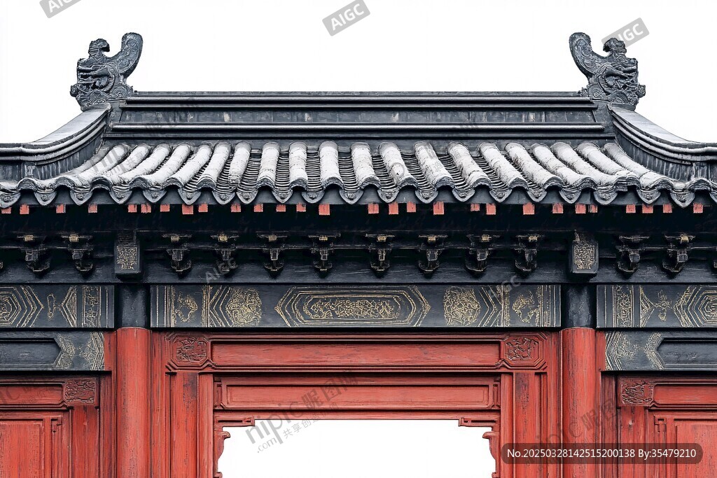 中式古典建筑屋檐與紅門