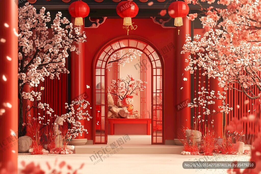 中式紅韻庭院 花映燈籠景
