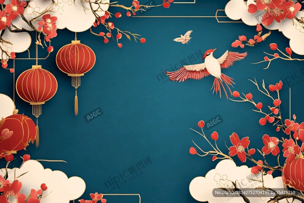 中式喜慶花鳥燈籠背景圖