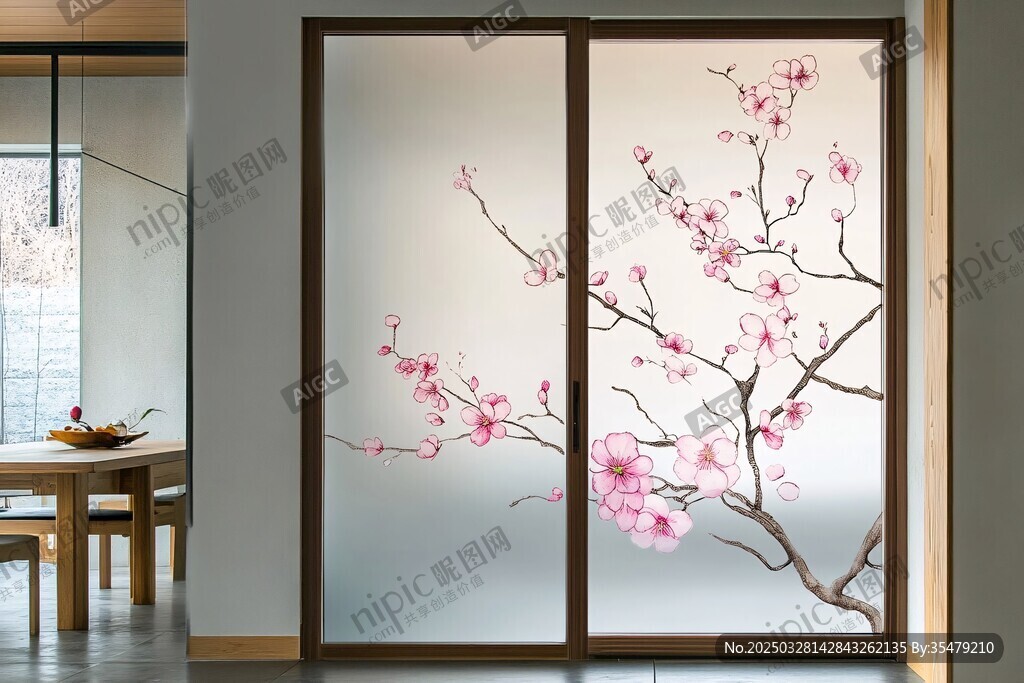 中式桃花圖案玻璃推拉門