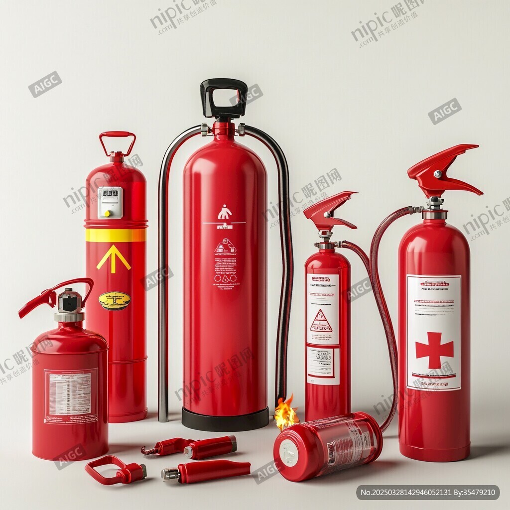各式紅色滅火器及配件展示