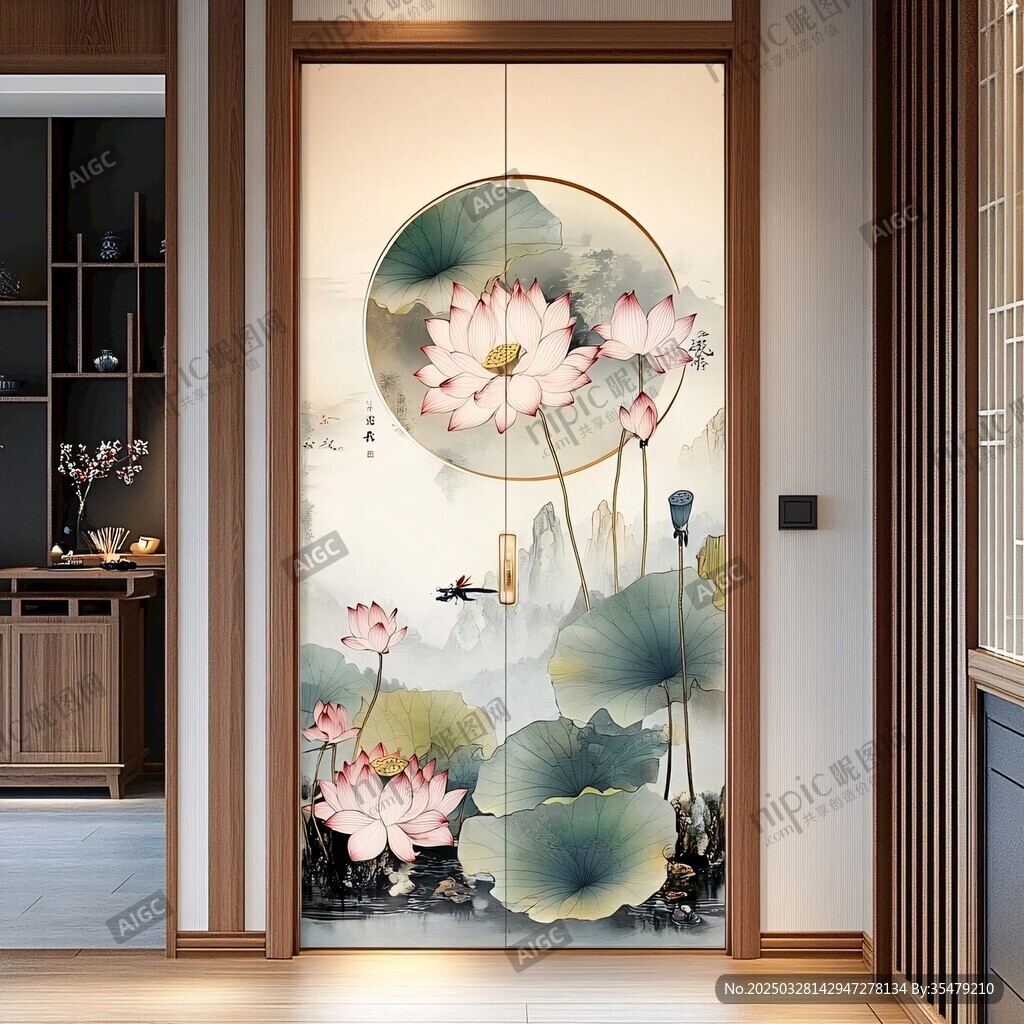 中式荷花玄關(guān)壁畫裝飾