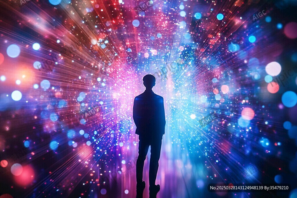 男子置身夢幻炫彩光影中