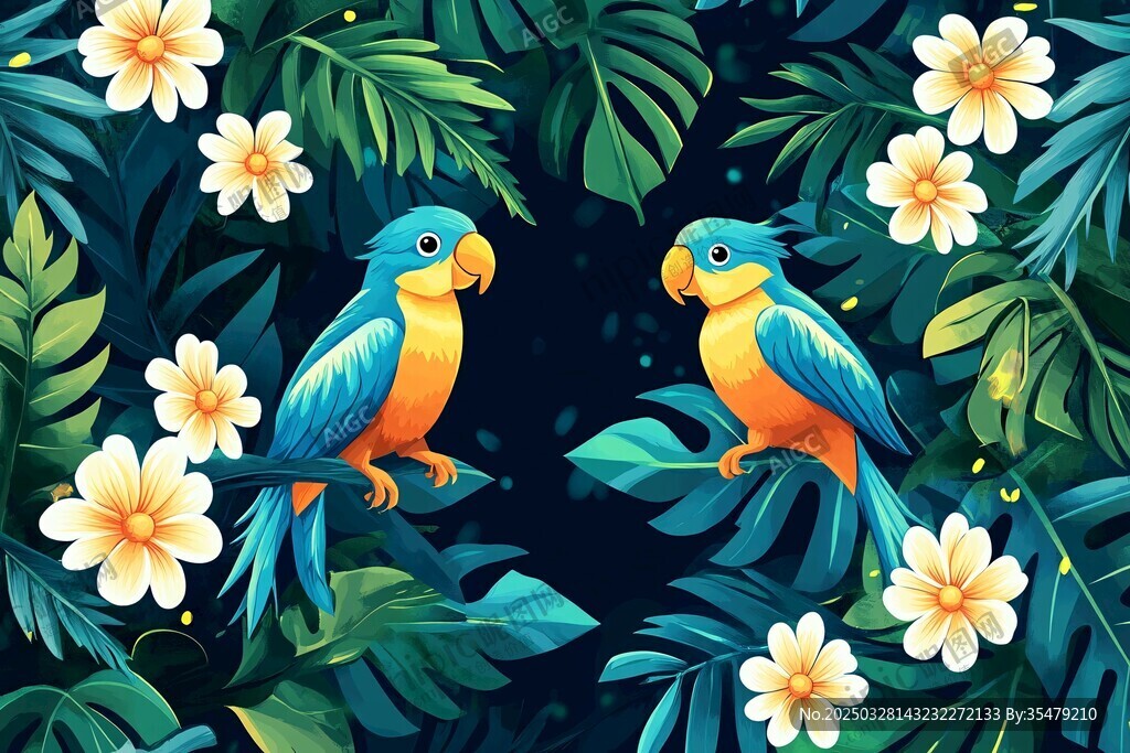 熱帶鸚鵡與繁花綠葉圖景