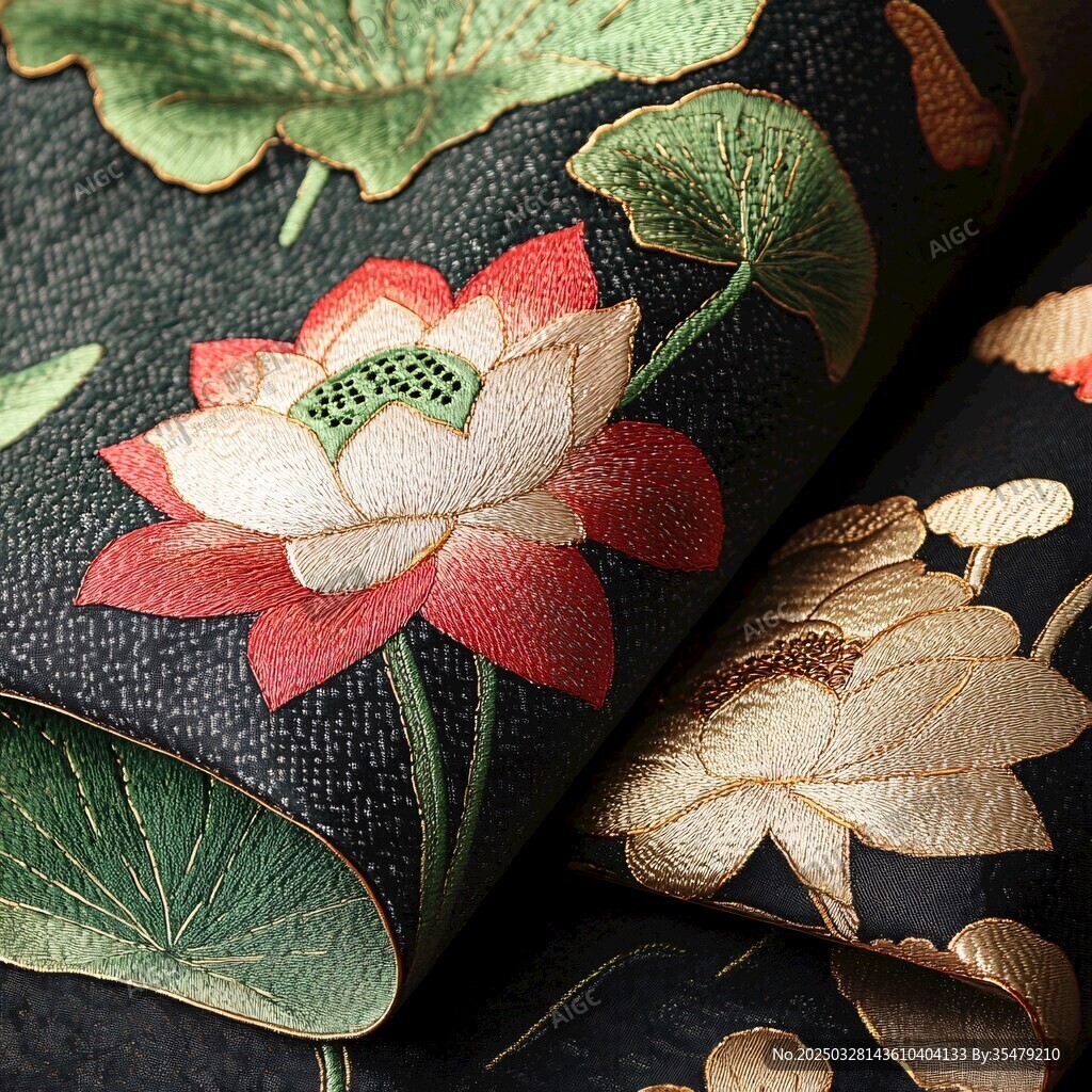 中式刺繡荷花織物特寫