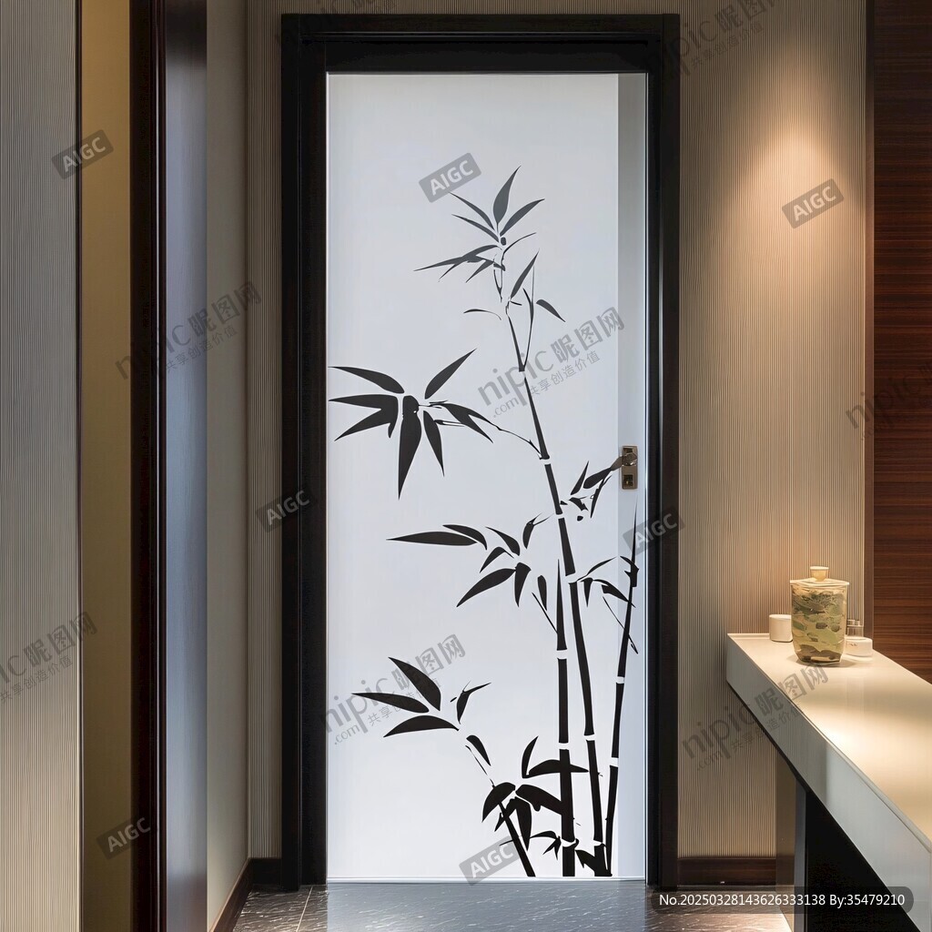 中式風(fēng)玻璃門(mén)竹葉裝飾畫(huà)