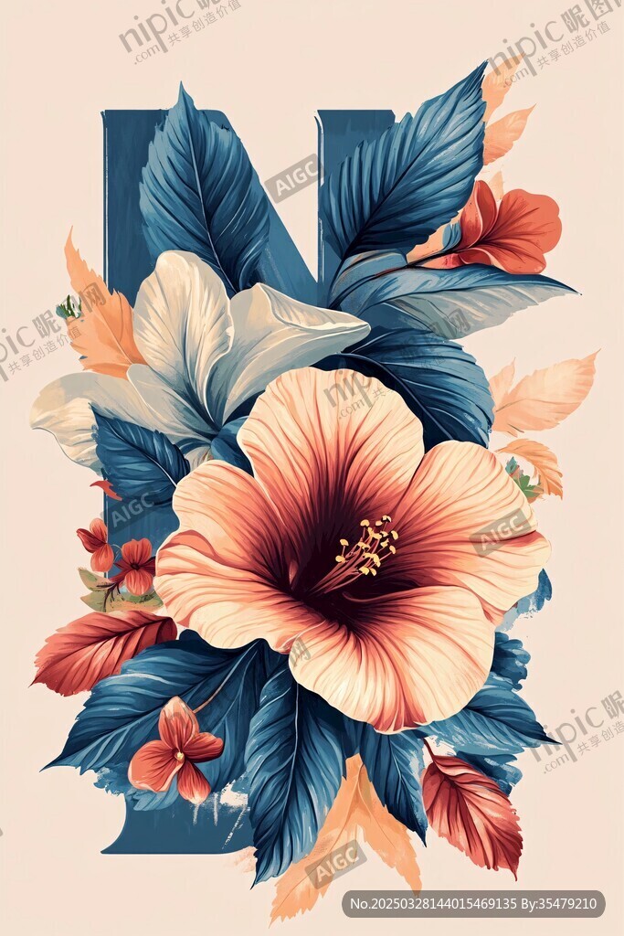 花卉裝飾的字母N插畫(huà)