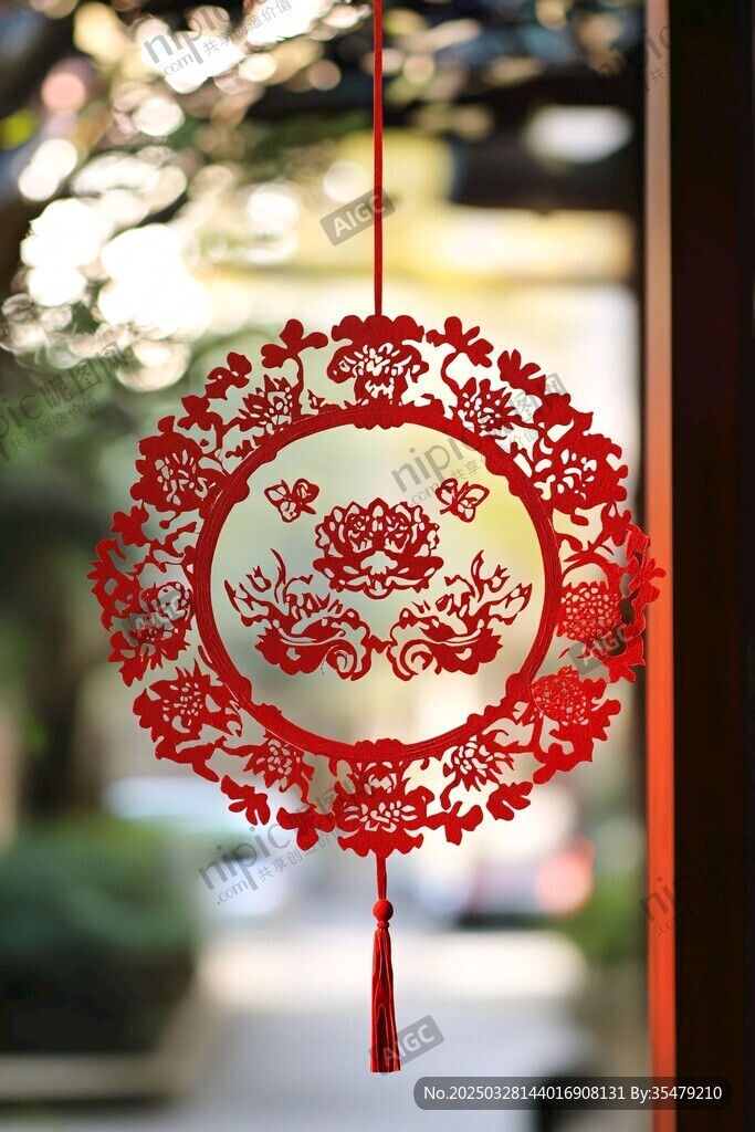 中式紅色剪紙掛飾迎佳節(jié)