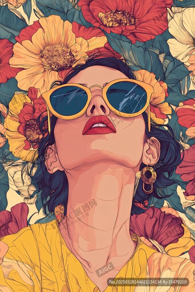 戴墨鏡的花中女子