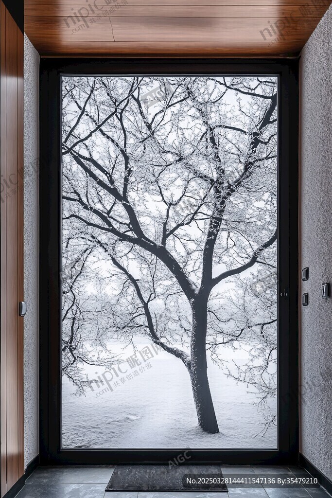 透過房門賞雪景中的孤樹